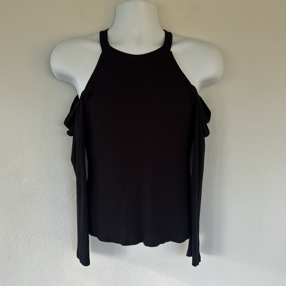 Venus black cut out cold shoulder long sleeve ribbed knit stretch tee medium - Picture 7 of 10